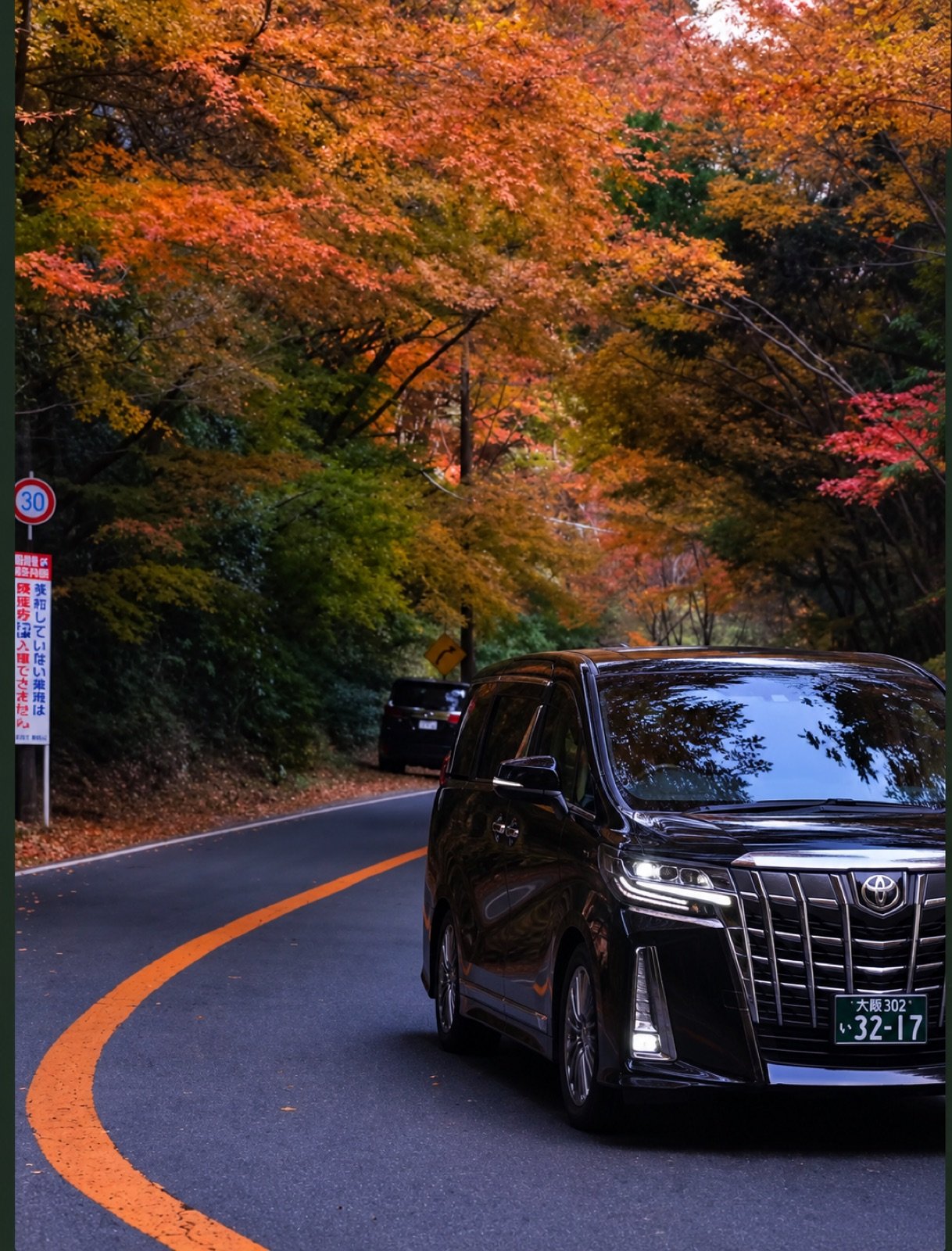 A black Toyota Alphard on a winding mountain road through brilliant autumn maples