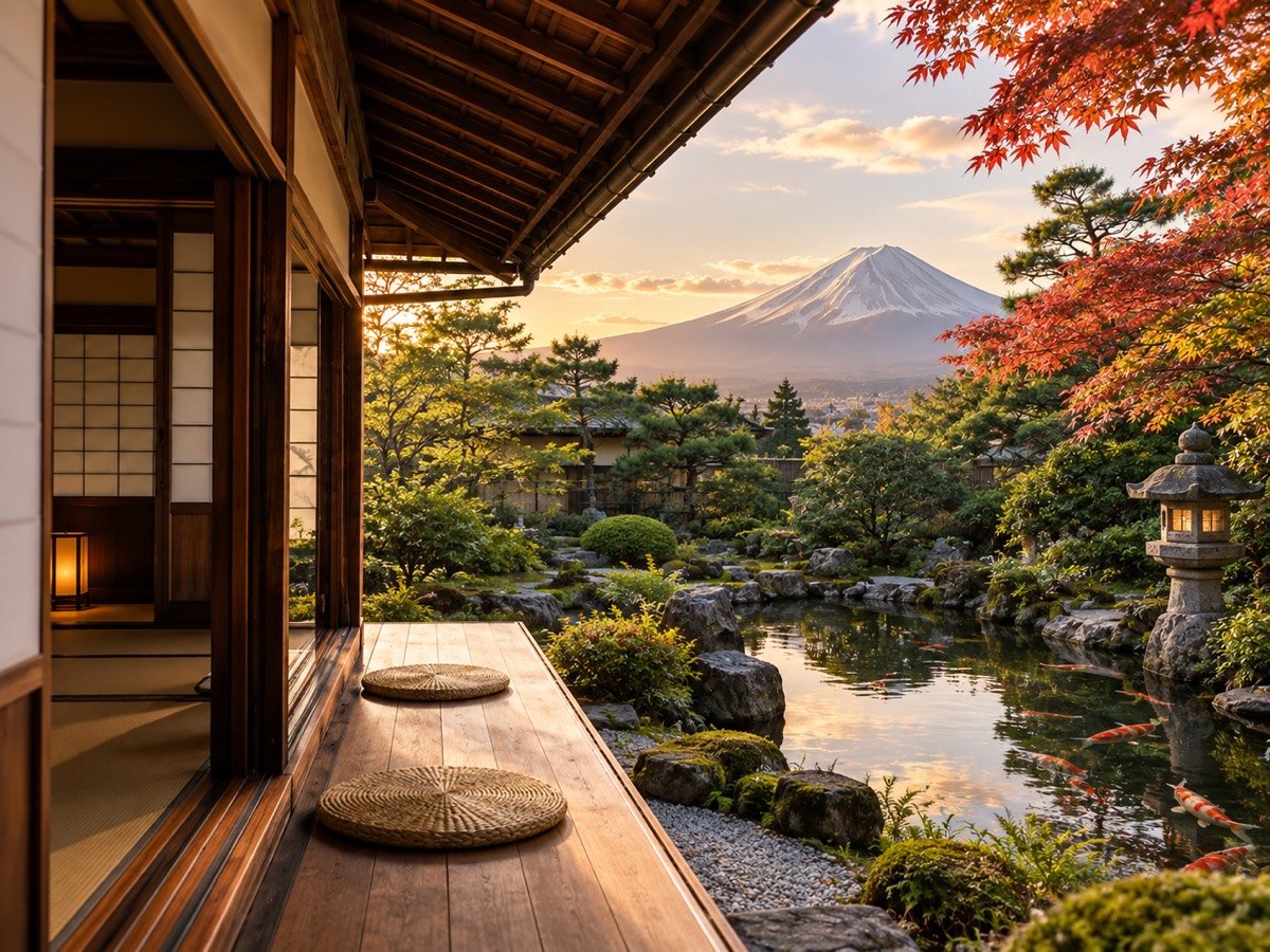 A private veranda looking out over a koi pond and Mount Fuji at sunset