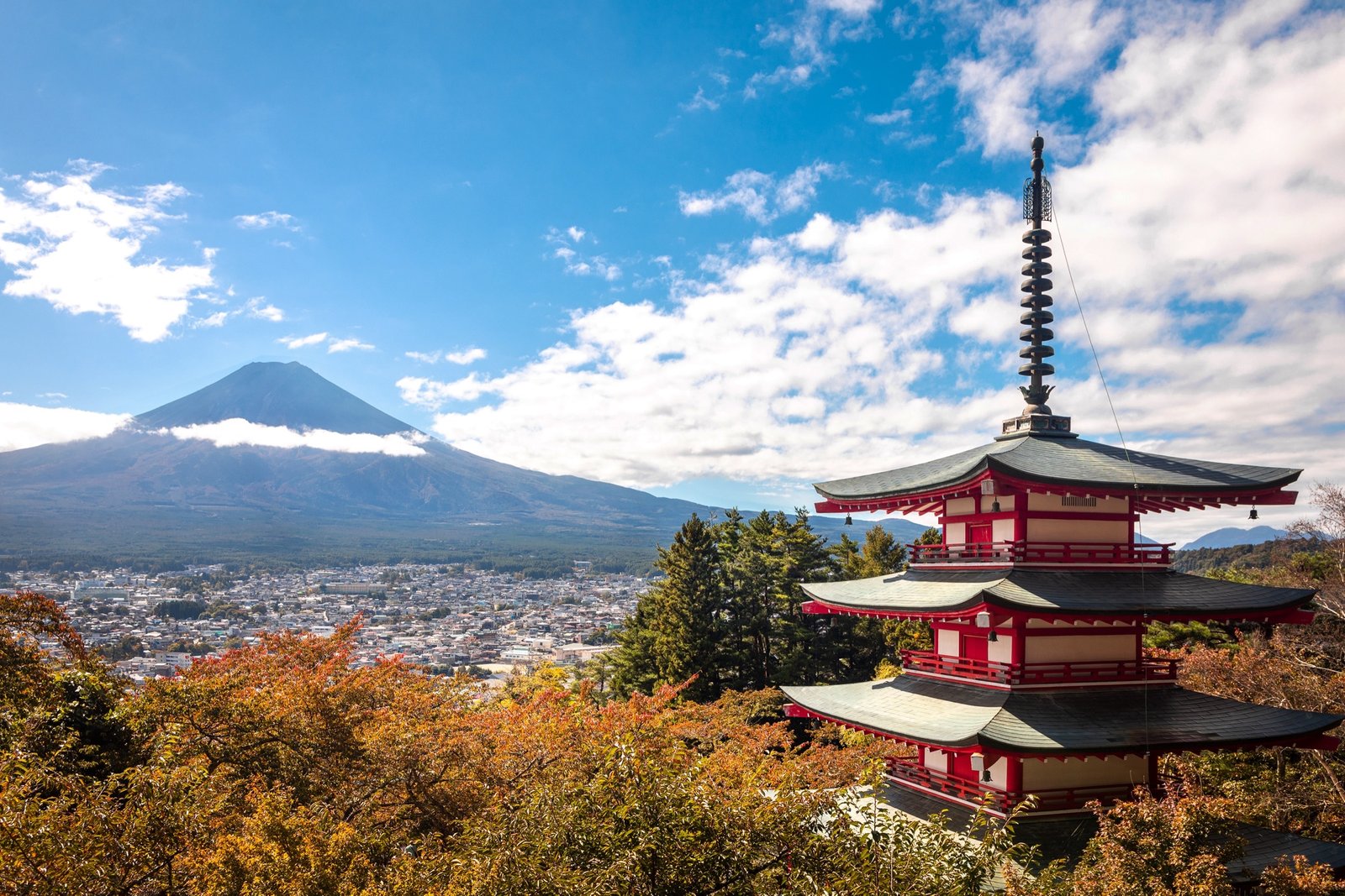 Mount Fuji rising behind the Chureito Pagoda at dawn